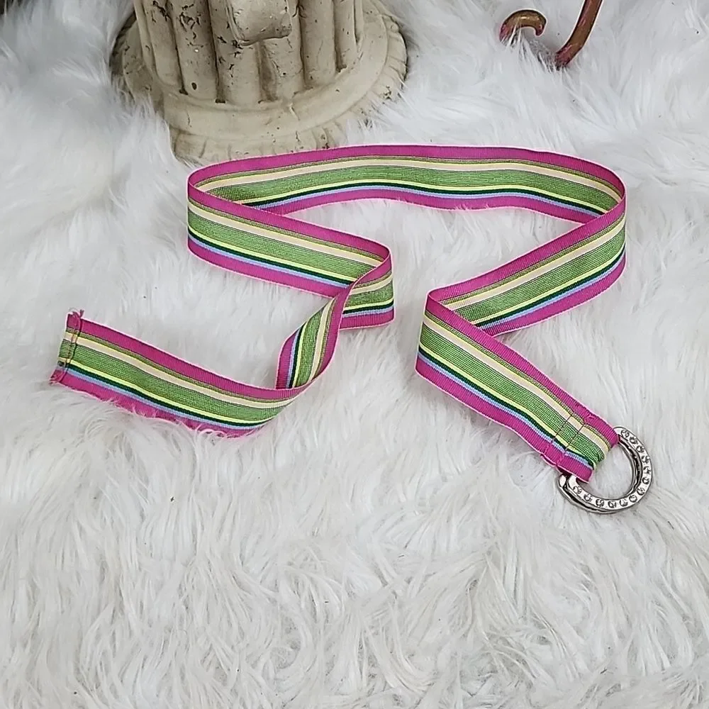 Vintage Striped Preppy Belt with Double Silver tone Metal Rhinestone Buckles
